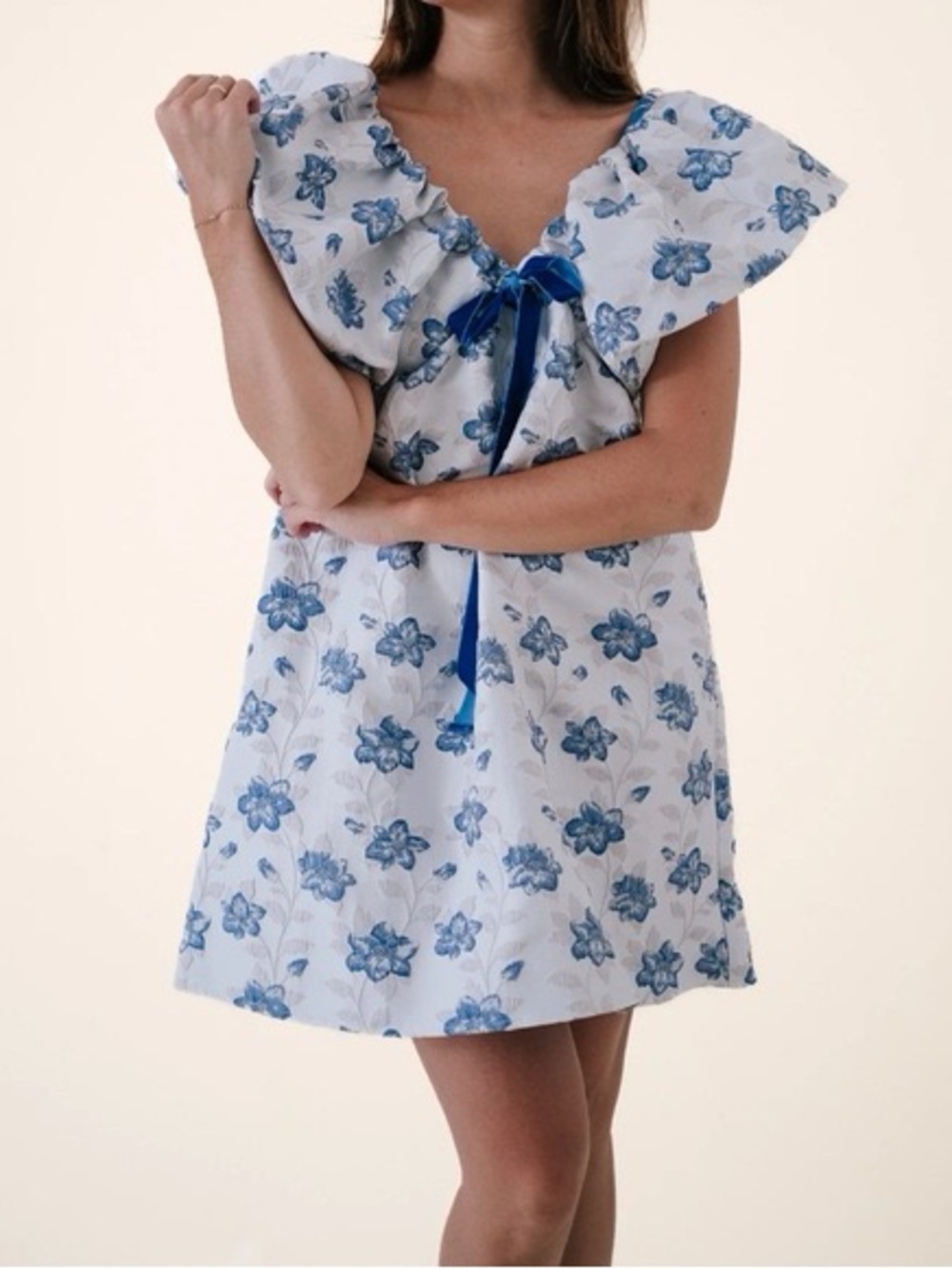 Garden Party Fairy Momni Blue Floral Jacquard Velvet Bow Puff Sleeve Mini Dress